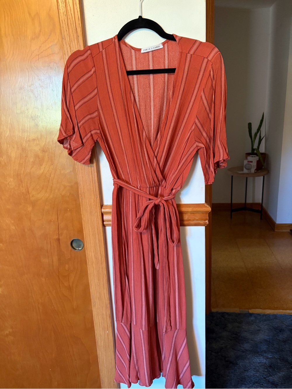 Chris & Carol Rust-Striped Midi Wrap Dress with Tie Waist